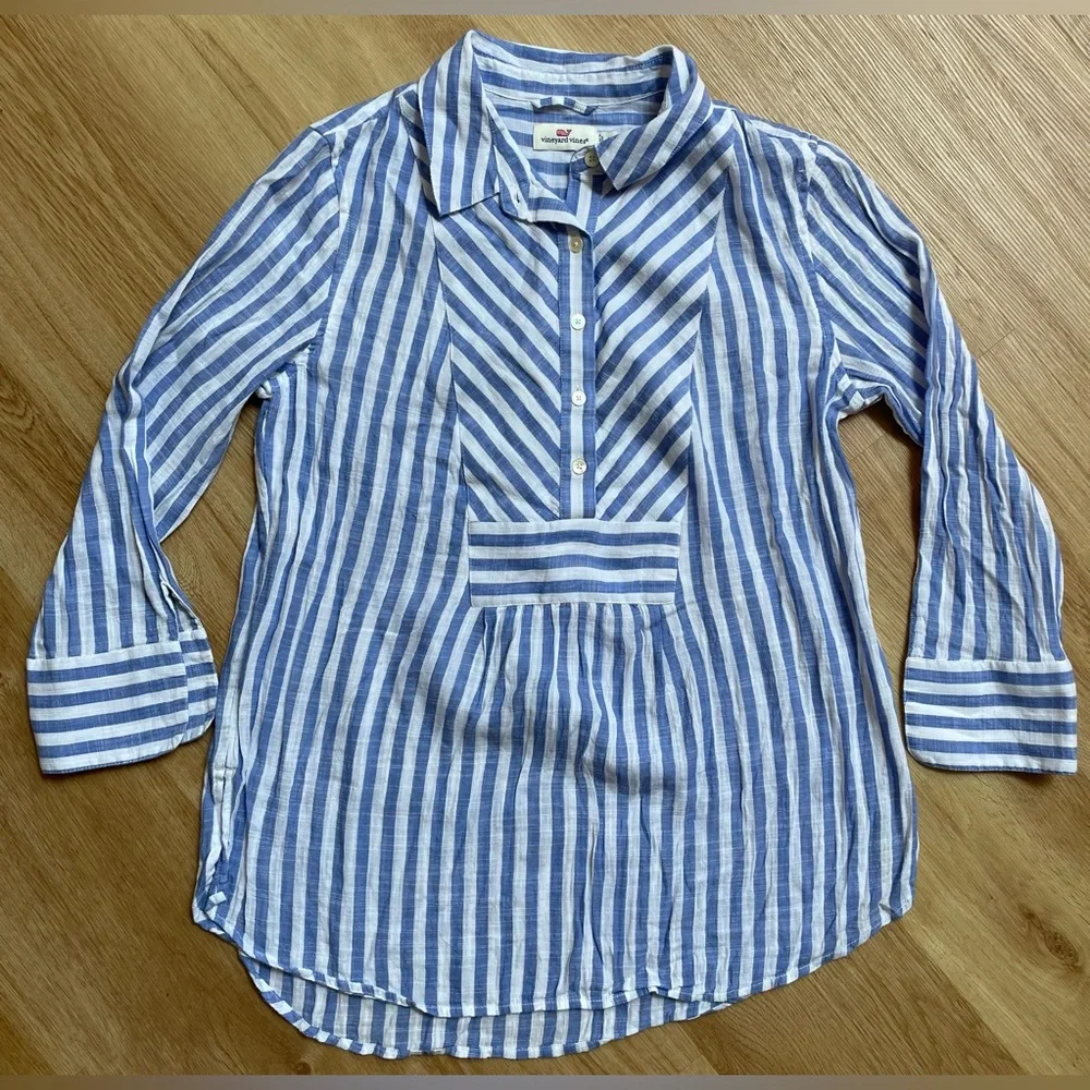 Vineyard Vines blue white striped blouse 3/4 sleeve tunic top preppy medium - Picture 6 of 8
